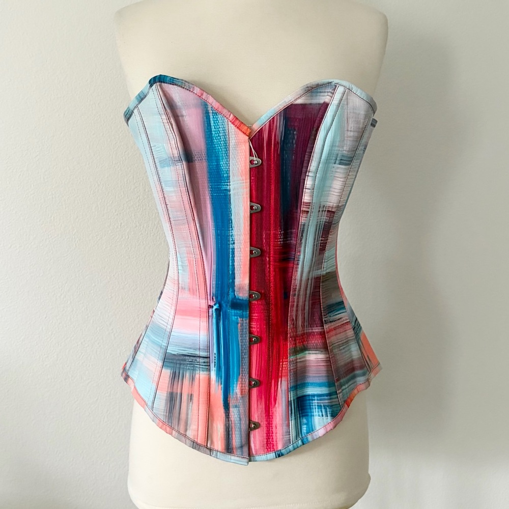 Corset Story NWT Abstract Red & Blue Brushstroke Longline Overbust Corset 28”